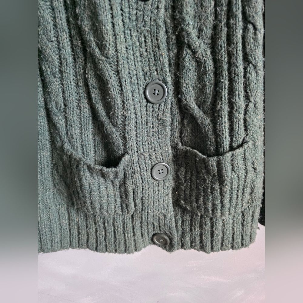 Vtg Mossimo Green Chunky Cable Knit Big Button Cardigan Fishermann Wool Blend XL - Picture 3 of 10